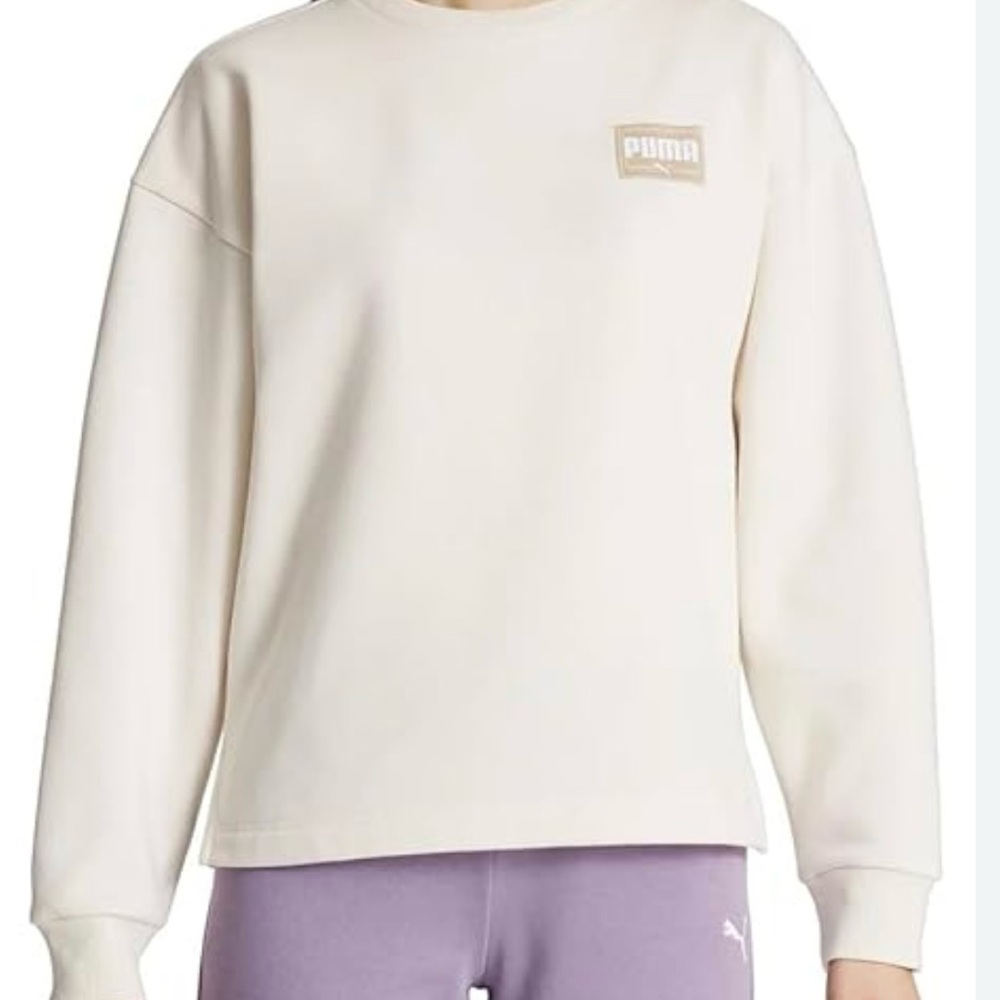 Women's PUMA Medium 8 10 Cream Fleece Sweatshirt Logo Crew Pullover Long Sleeve - Picture 2 of 12